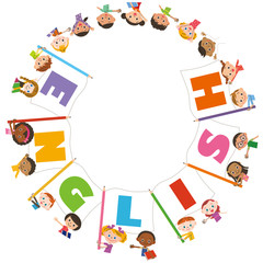 英語の旗と子供集合