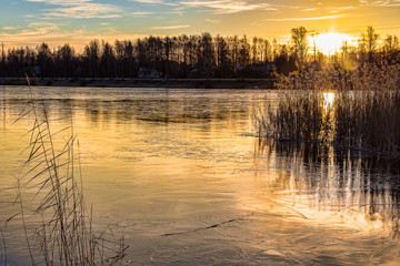 Frozen lake with morning sun