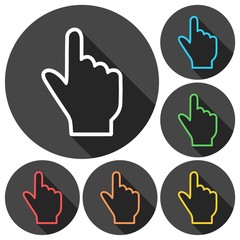 Hand cursor, hand icons set with long shadow