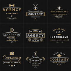Set of Hipster Vintage Labels, Logotypes, Badges for Your Business. Bow-tie, Windmill, Barber, Camera, Scissors, Hat. Vector Illustration on Dark Textured Background