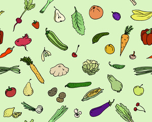 Seamless pattern Fruits and vegetables Sketch set