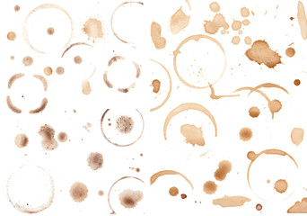 Set of variuos coffee stains isolated on white - obrazy, fototapety, plakaty