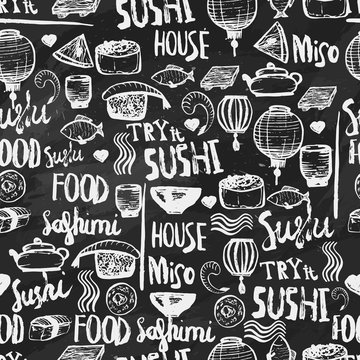  Japanese sushi food seamless background. Hand drawn illustration on dark chalk background. Can be used for menu, banners, invitations.