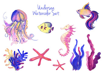 Beautiful watercolor vibrant set of underwater life