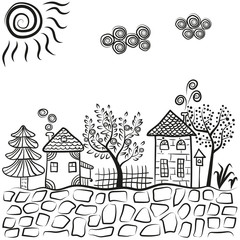 Doodle village landscape. Abstract countryside. Sketchy houses and trees. Vector illustration. 