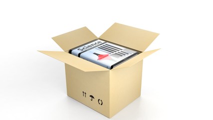 Book on Science with illustrated cover inside an open cardboard box, on white background.