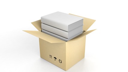 Stack of books with blank cover inside an open cardboard box, on white background.