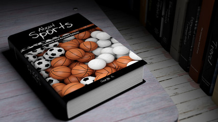 Hardcover book About Sports with illustration on cover, on wooden surface.