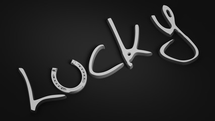 Lucky word written in silver with horseshoe as a U, isolated on black background.