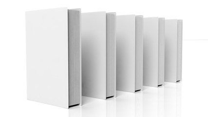 Books in a row with blank hardcover, isolated on white background.