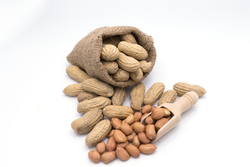 Peanut in Gunny Bag on white background