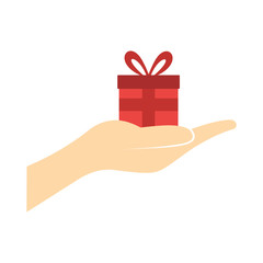 Small gift red box in a hand flat icon