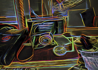 abstract composition with red outlines on objects