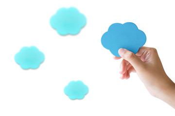 Hand holding blue cloud isolated