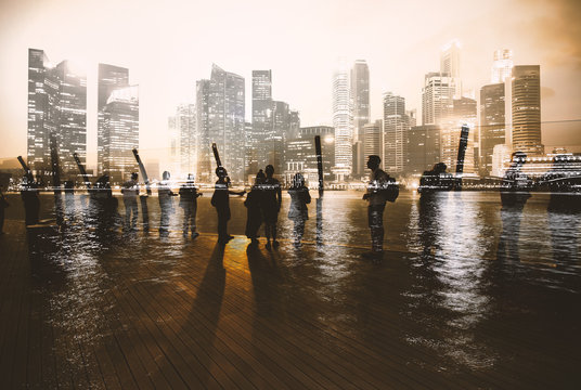 Group of people with business skyscraper building background.