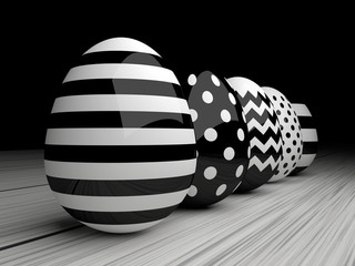 3d elegant Easter eggs standing on wooden desk