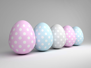 3d elegant pastel Easter eggs lying on wooden desk