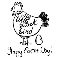 Hand drawn ink vector illustration of hen and egg. Easter greeting card. Hand written text " Happy Easter Day".