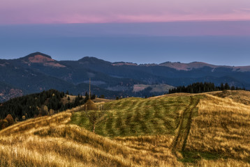 Obraz premium Carpathian Mountains. Autumn hills at sunset.