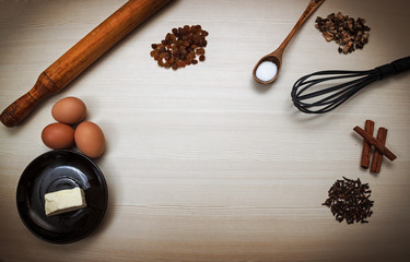 Easter concept. Ingredients for cooking easter pie with copy space