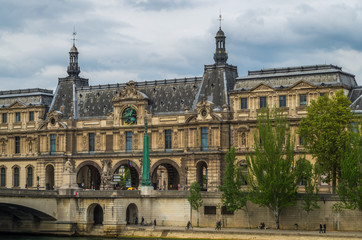 Paris France 2014 April 22,  Historic building architecture along the banks of the Seine River