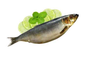 Smoked Mackarel and lime slices isolated on white