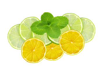 Mint with lime and lemon slices isolated on white