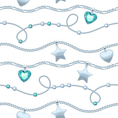 Silver chains white and green gemstones pattern.