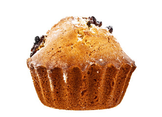 Muffin with raisins on a white background