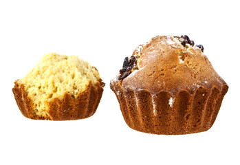 Muffins with raisins on a white background