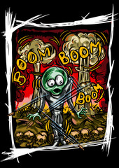 Alien on the crushed earth. Illustration frightened alien humanoid. He stands inside war actions. Explosions on the background. 
Handmade text by my own design