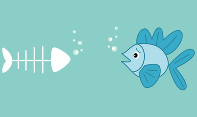 cute cartoon little blue fish and fish bone funny humor concept vector illustration about dead