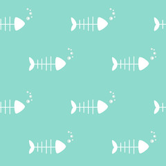 cute white fish bone in blue sea seamless vector pattern background illustration