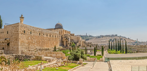 Panoramic view of the Solomon's temple remains and Al-Aqsa Mosque minaret in Jerusalem, is believed...