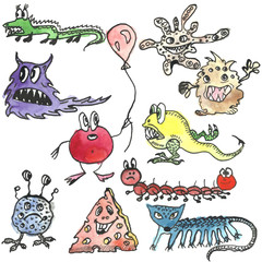 hand drawn watercolor set of cartoon monsters.