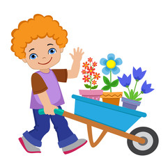 Obraz na płótnie Canvas Boy planting flowers and working in the garden.Vector illustration isolated on white background.