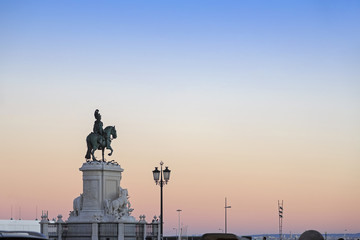 Fototapeta premium King Jose I statue near Lisbon Story Center at sunset