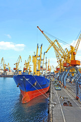 Fototapeta premium Bulk cargo ship under port crane bridge, Odessa, Ukraine