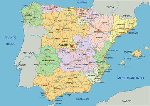 Spain - Highly detailed editable political map with labeling.