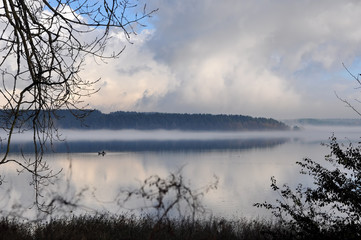 Fototapeta premium fog on the river, water, lake Yugla, Riga, Latvia