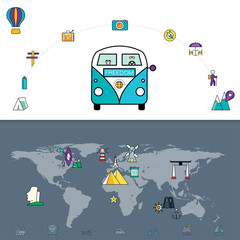 World travel concept. Line icon set of flat style designs. Touri
