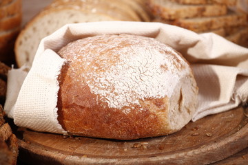 fresh and fragrant bread in a wicker basket 
