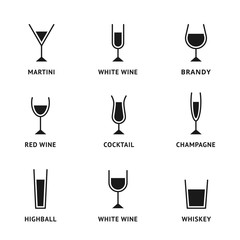 Vector set of flat alcohol glasses icon: glass of martini, glass of white wine, red wine glass, champagne glass, brandy glass, whiskey glass, cocktail glass. Line icon and solid icon. Glass for bar