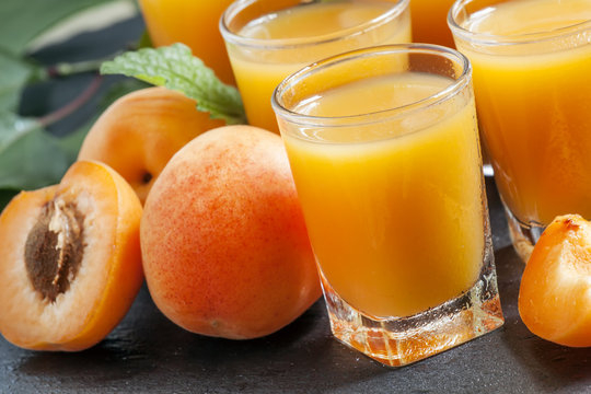 Freshly squeezed apricot juice, selective focus