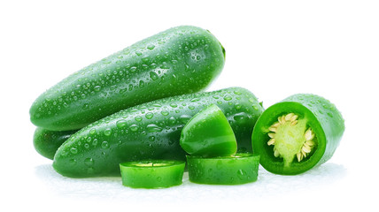 Drops water mexican green chili isolated on white background.