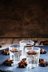 Homemade anise liqueur in a glass on a dark background, selectiv