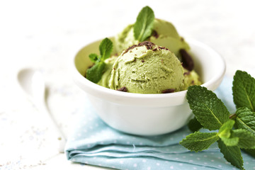 Mint ice cream with chocolate chips.