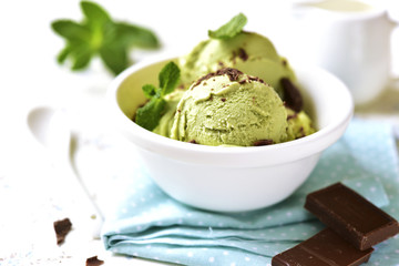 Homemade mint ice cream with chocolate chips.