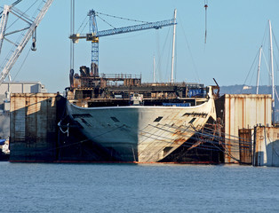 Demolition of a passenger ship in the shipyards. 