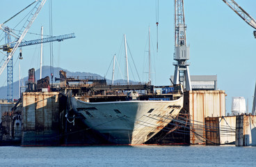 Demolition of a passenger ship in the shipyards. 